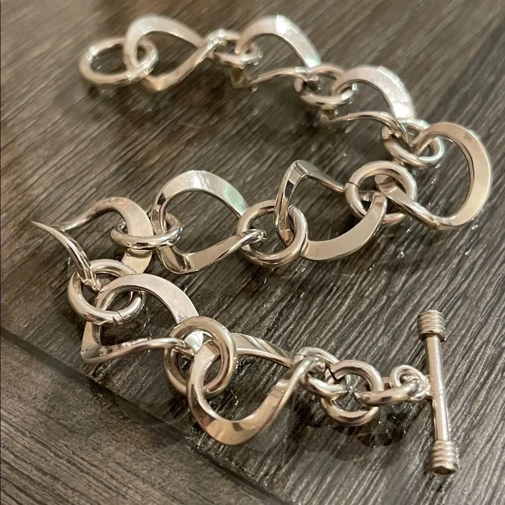 Vintage Sterling Silver Curved Circle Chain Link Toggle Bracelet, Length 7 3/4”